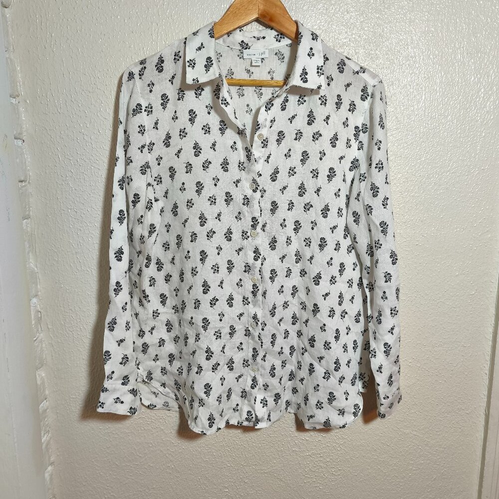 J Jill Love Linen Floral Button Down sz S Missy White Black Feminine Coastal